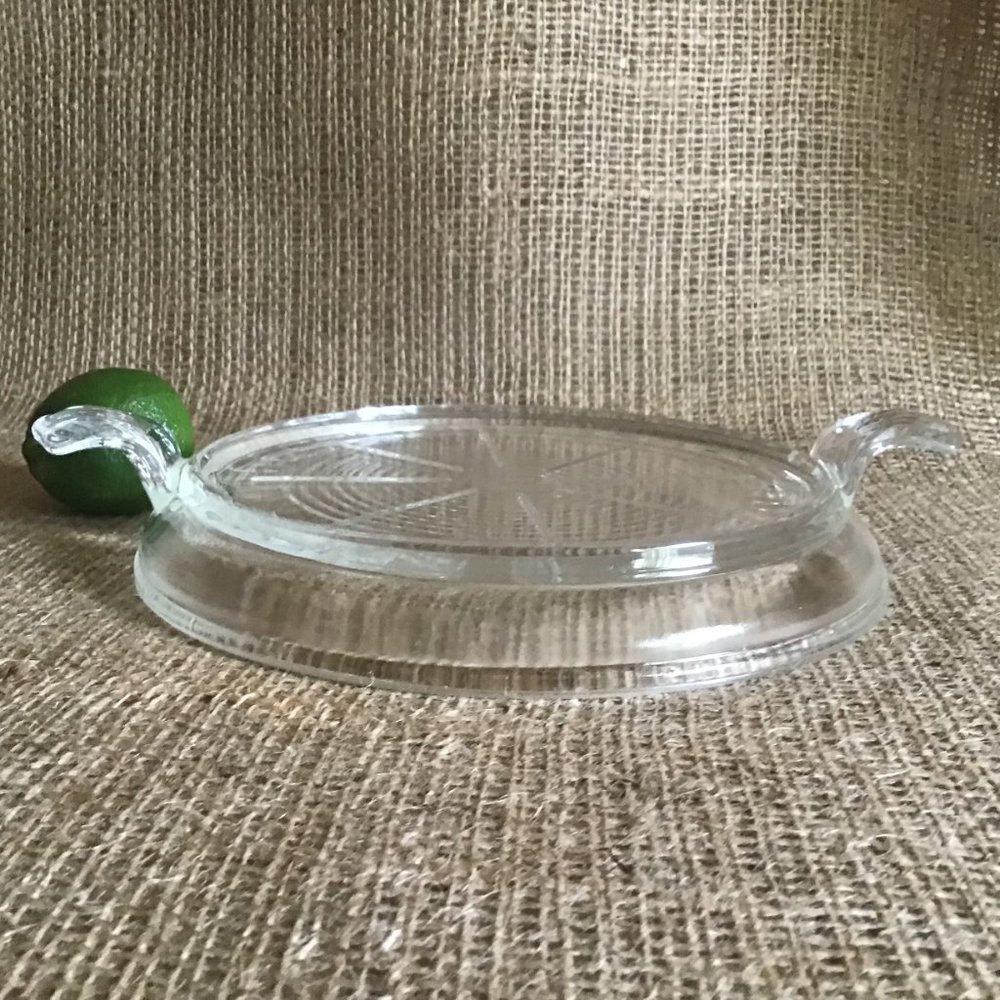 Vintage 1930's Fire King Clear Pressed Glass Trivet with Ornate Glass Handles
